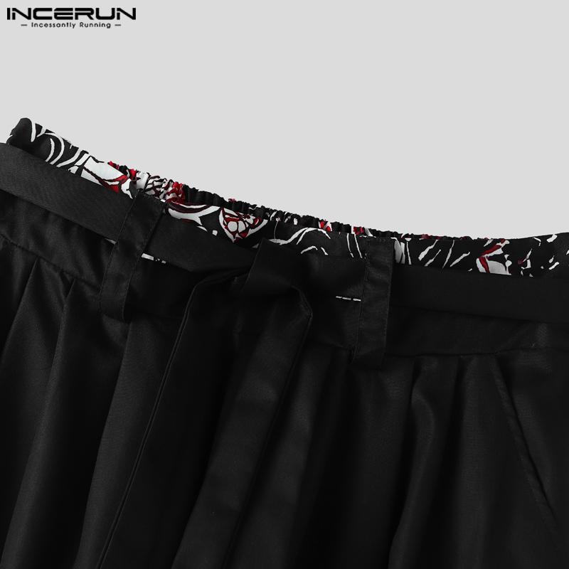INCERUN Men Elastic Waist Floral Print Bandage Casual  Long Wide Legs Pants
