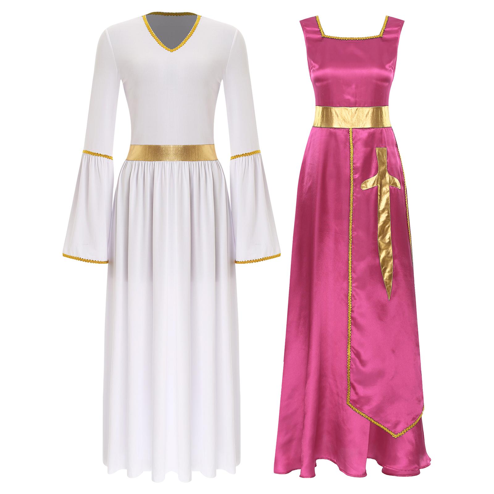 

Жіночий літургійний танцювальний костюм з квадратним вирізом без рукавів, максі-сукня для церковних богослужінь, виступів, духовних подій L гарячі рожевого кольору/білий