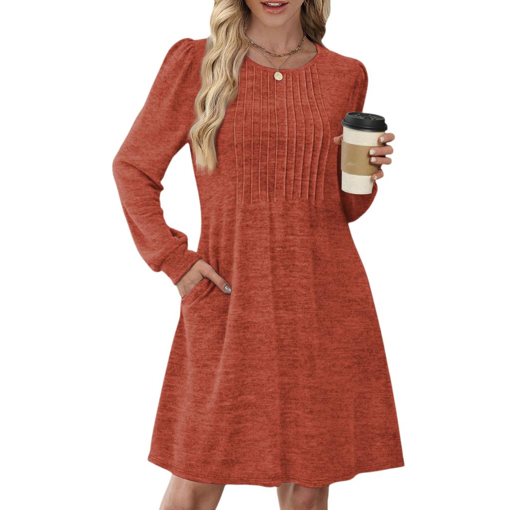 Women's Long Sleeve Pleated Round Neck Solid Color Casual Dress With Pockets