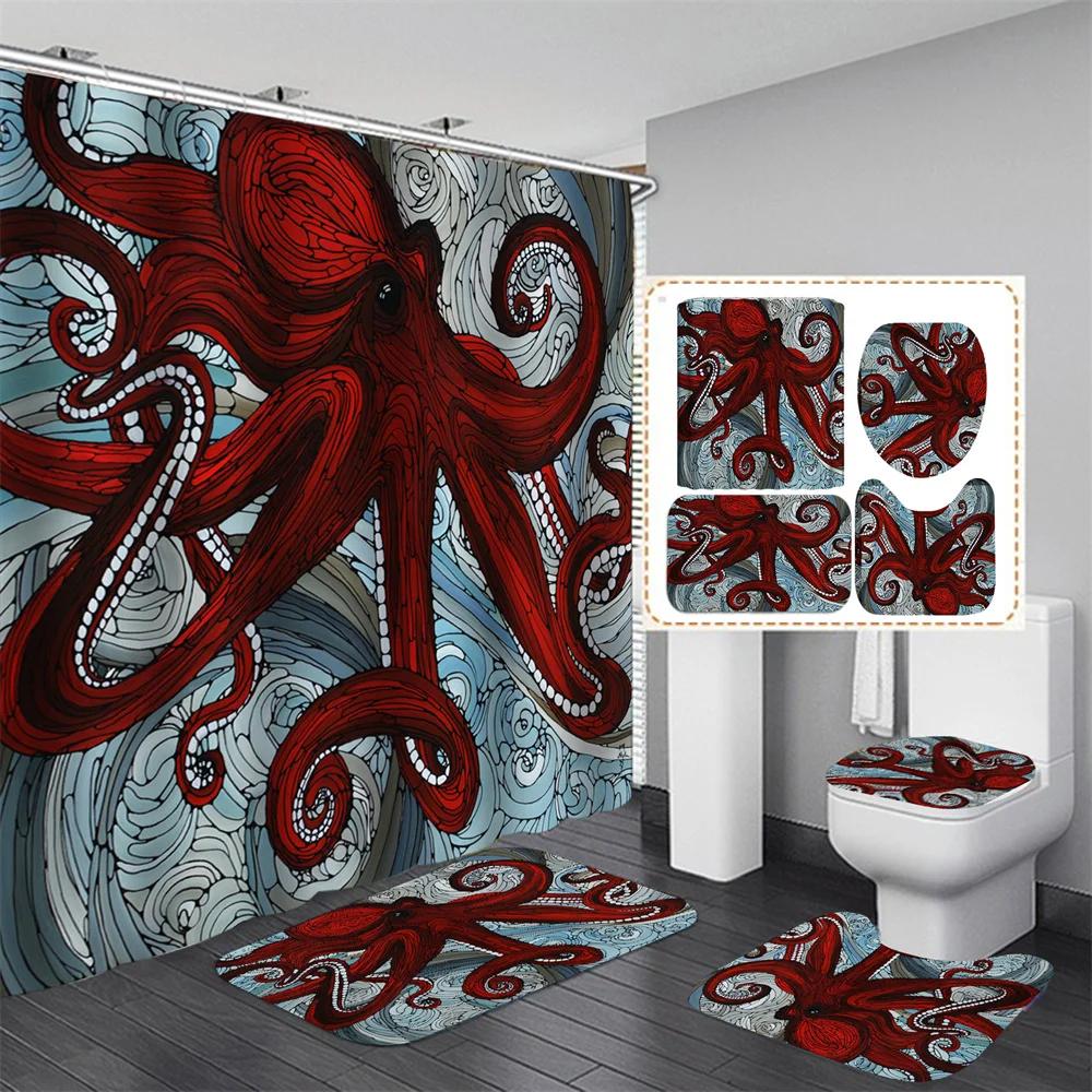 Ocean Monster Octopus Print Shower Curtain Set Waterproof Bathroom Curtain Set With Rugs Toilet Cover Mat For Bathroom Decor