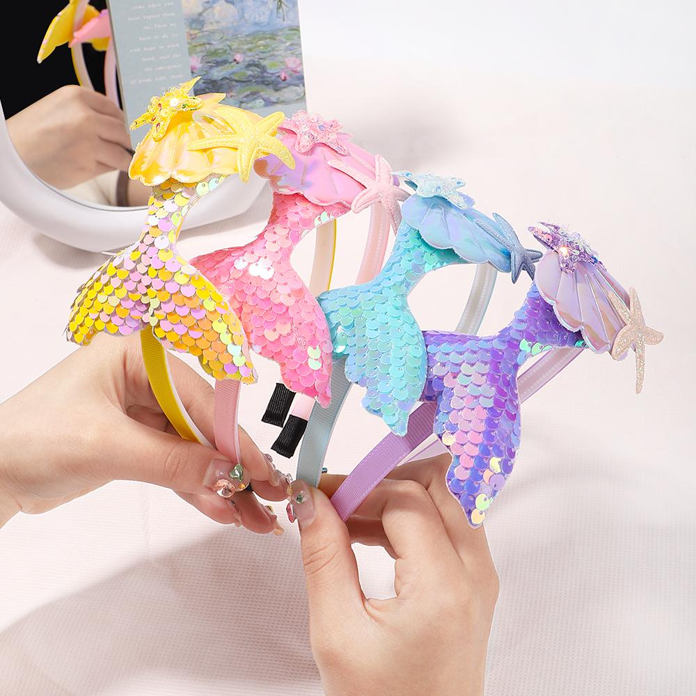 Bandeaux Sirène à Paillettes Multicouches pour Filles Arc-en-ciel Sirène Perles Bandes Cheveux Fait Main Coiffure Enfants Accessoires Bébé Enfants
