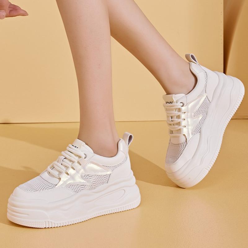 Women's Spring and Summer Women's Sneakers Sports Thick-soled Casual Dad Shoes Mesh Breathable Inner Height-enhancing White Shoes