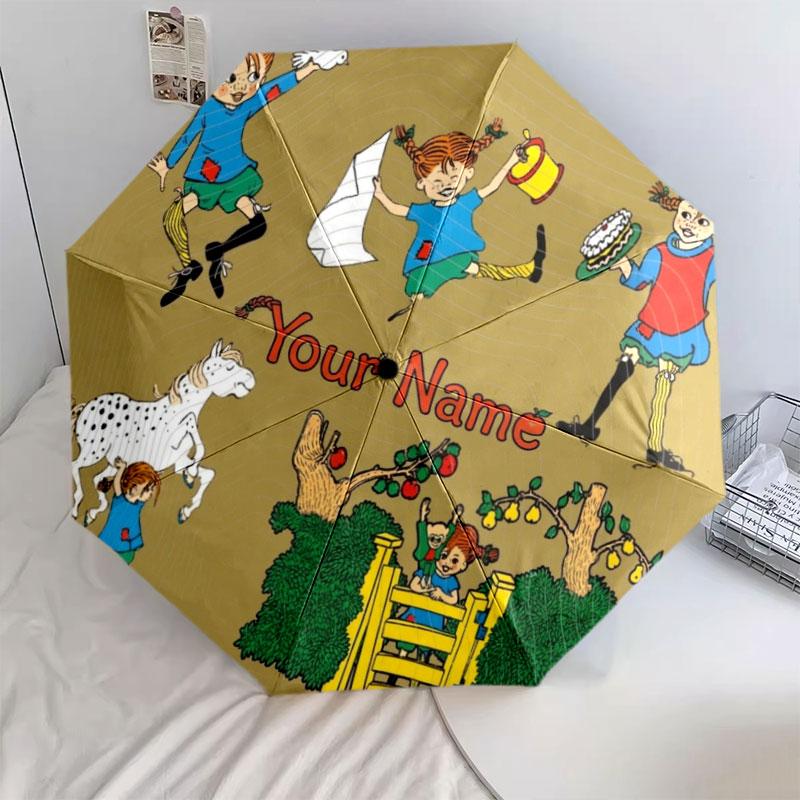 1 PC Automatic Folding Umbrella - Pippi Longstocking Custom Name Pattern, Portable & Foldable Design with 8 Ribs, Christmas Birthday Gifts