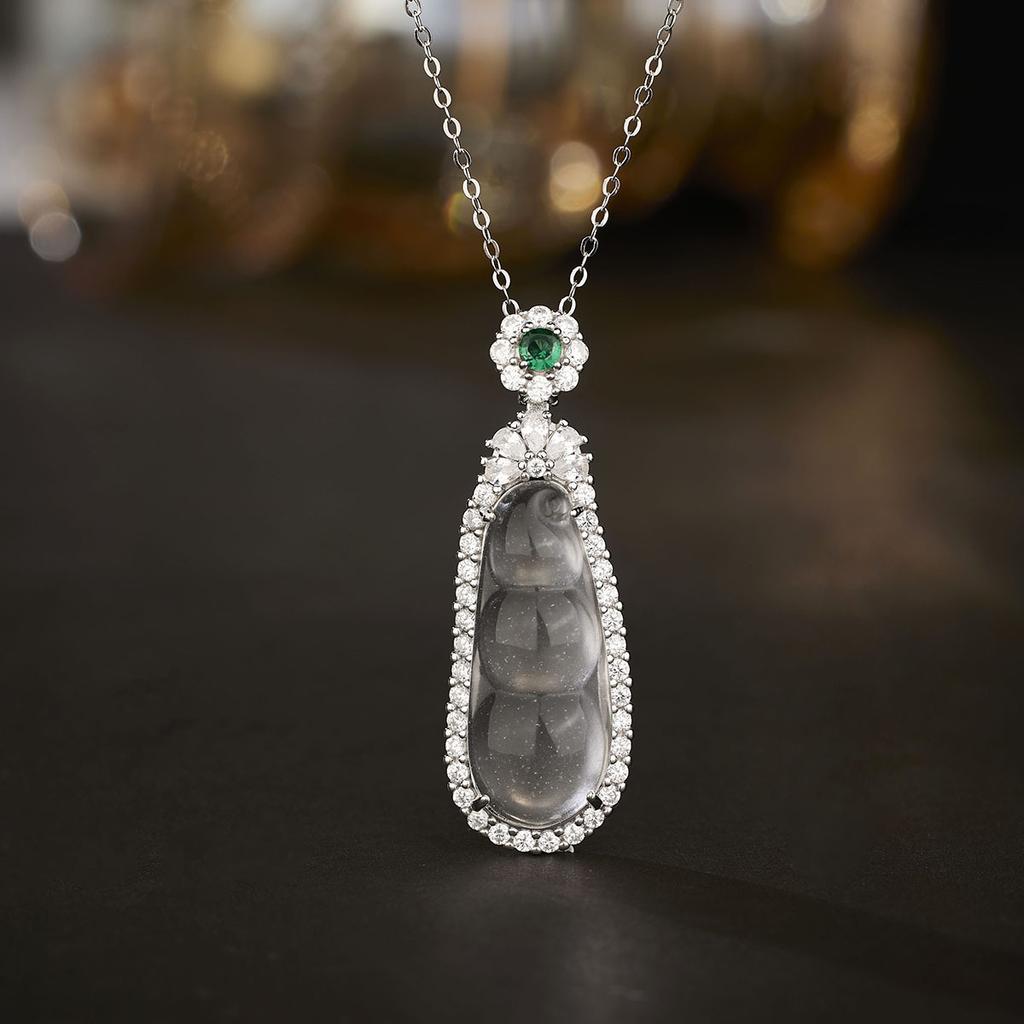 S925 Silver String Bean Necklace Women's Quartzite Jade Pendant Antique Jewelry Fashion
