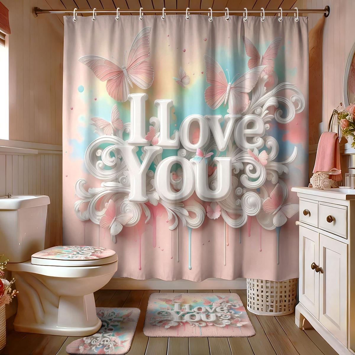 

4pcs imitation relief pink Valentine s Day romantic print bathroom set waterproof shower curtain floor mat U-shaped toilet pad Regular