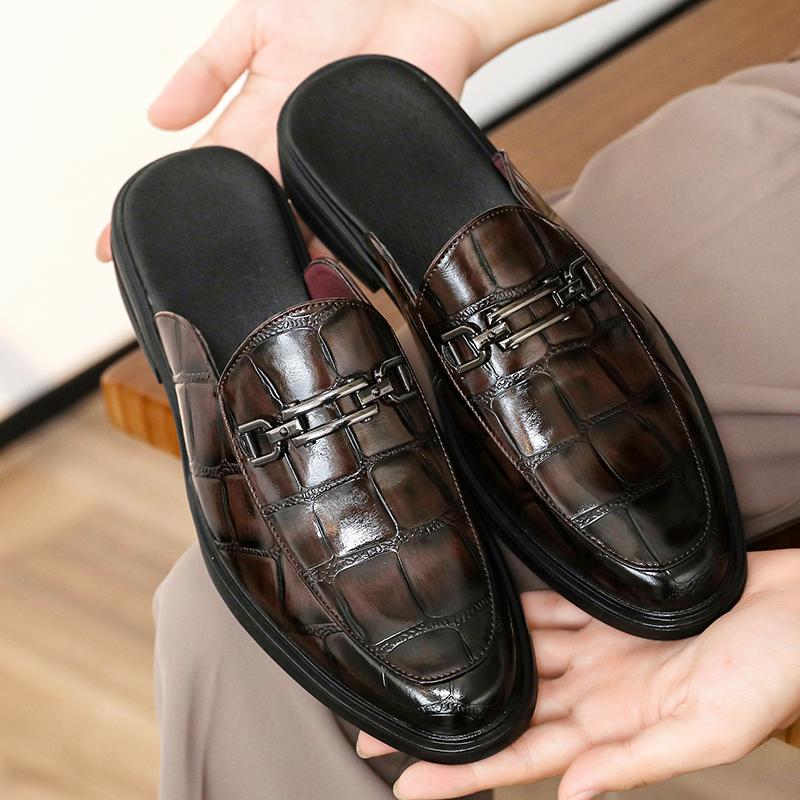 Fashion Fashion New Men's Black Grey Brown Crocodile Pattern Leather Half Slippers Shoes Male Casual Mules Moccasins Breathable Loafers