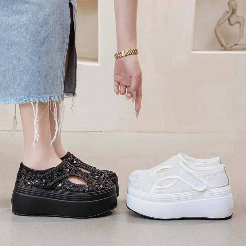 Fashion 8CM Air Mesh Synthetic Leather High Brand Casual Falt Women Shoes Ladies Vulcanize Summer Platform Wedge Sneakers Breathable