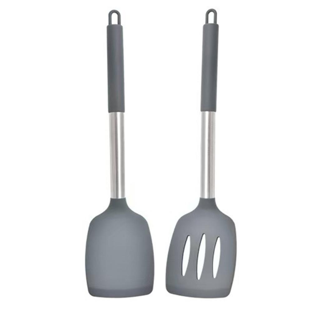 2pcs Stainless Steel Handle Steak Spatula Food Grade Silicone Stir Fry Turner  Nonstick Pan