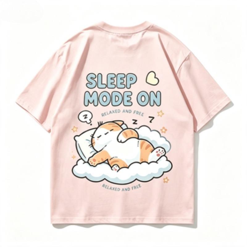 Sleep Mode On Graphic Tshirt Unisex Cute Sleeping Cat On Cloud Print Oneck Short Sleeve Loose Casual Summer Streetwear Tops