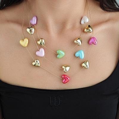 Colorful Heart Necklace Sweet and Lovely Beach Vacation Style Creative Layered Collarbone Chain