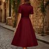 Damen Polka Dot V-Ausschnitt Knopfleiste Kleid mit Taillengürtel Kurze Ärmel Midi Kleid Lässig Eleganter Stil
