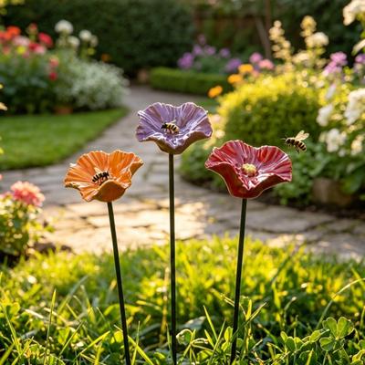 Resin Flower Garden Stake Bee Watering Station Yard Art Stake Outdoor Decorative Pollinator Water Feeder for Bees Butterflies Pathway Flower Bed Decor