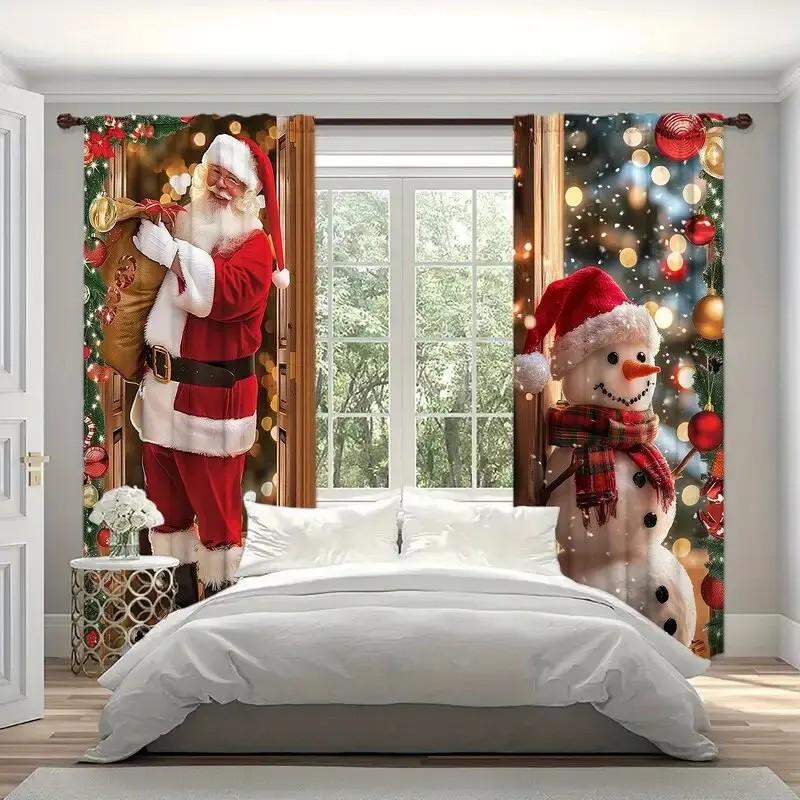 Set Of 2 Jit Festive Santa Snowman Printed Curtain Polyester Christmas Window Decor Home Curtai Curtains Light Blocking Made