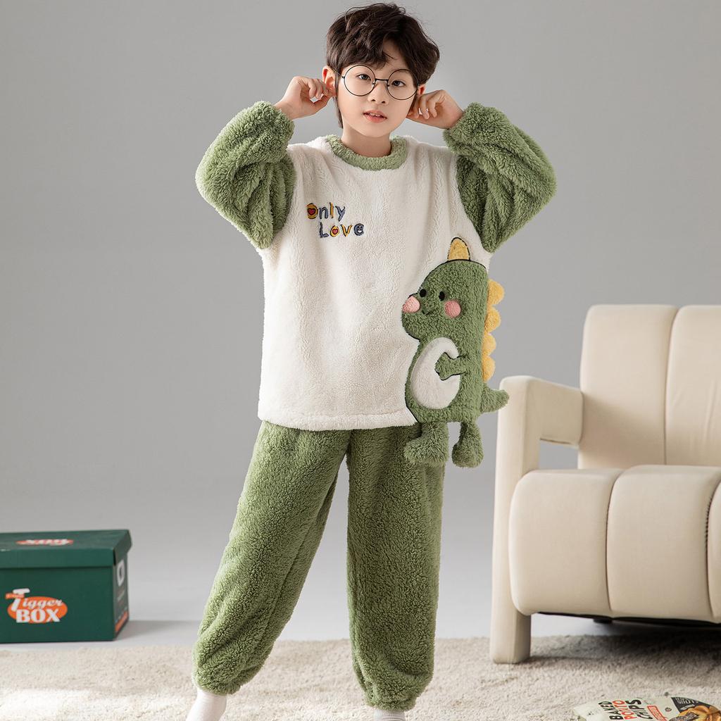 Kids Flannel Pajamas Set Boys Girls Warm Long Sleeve Top And Pants Sleepwear Winter Home Nightwear