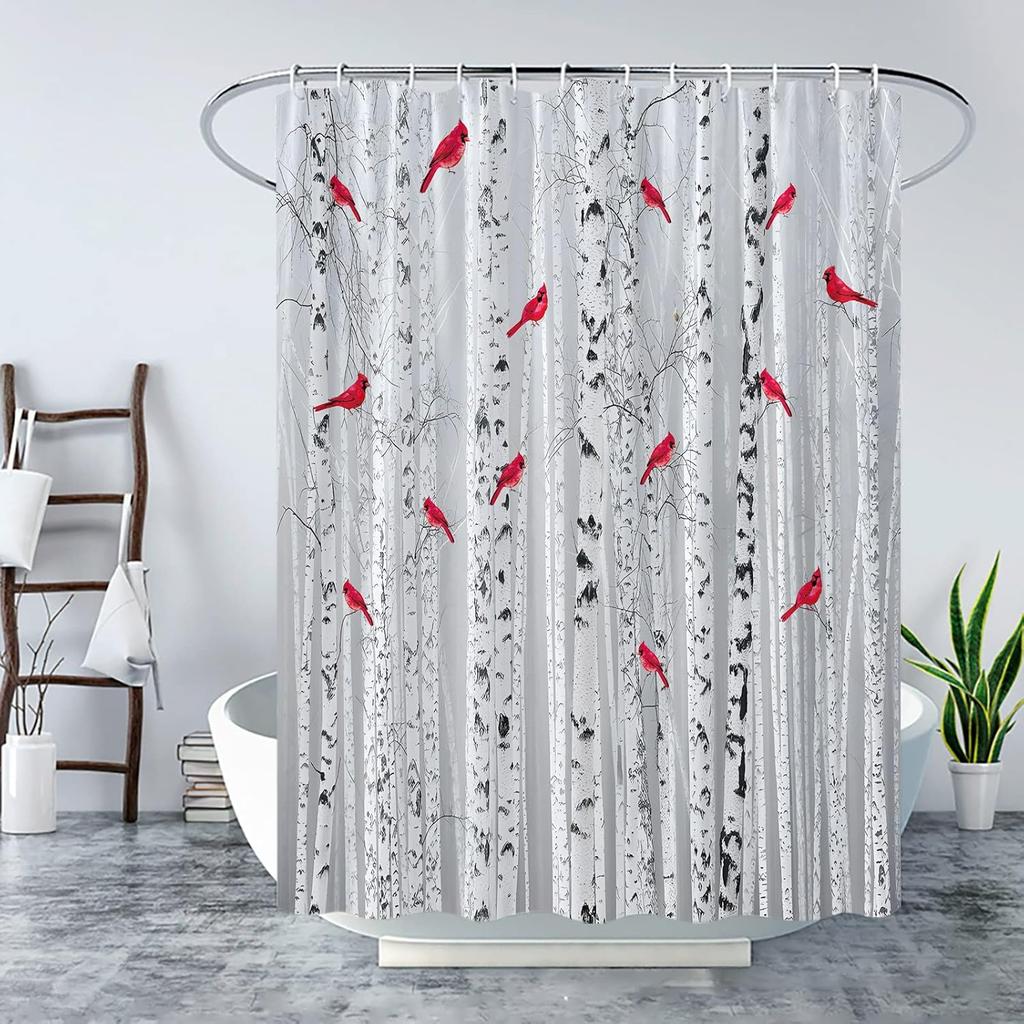 Birch Tree Shower Curtain Foggy Birch Forest Trunk Red Birds on Branches Leafless Foggy Woods Fall Autumn Winter Rustic Nature