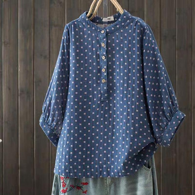 Short-sleeved Double-layer Cotton Yarn Shirt Women's Large Size Pullover Shirt Thin Stand-up Collar Shirt