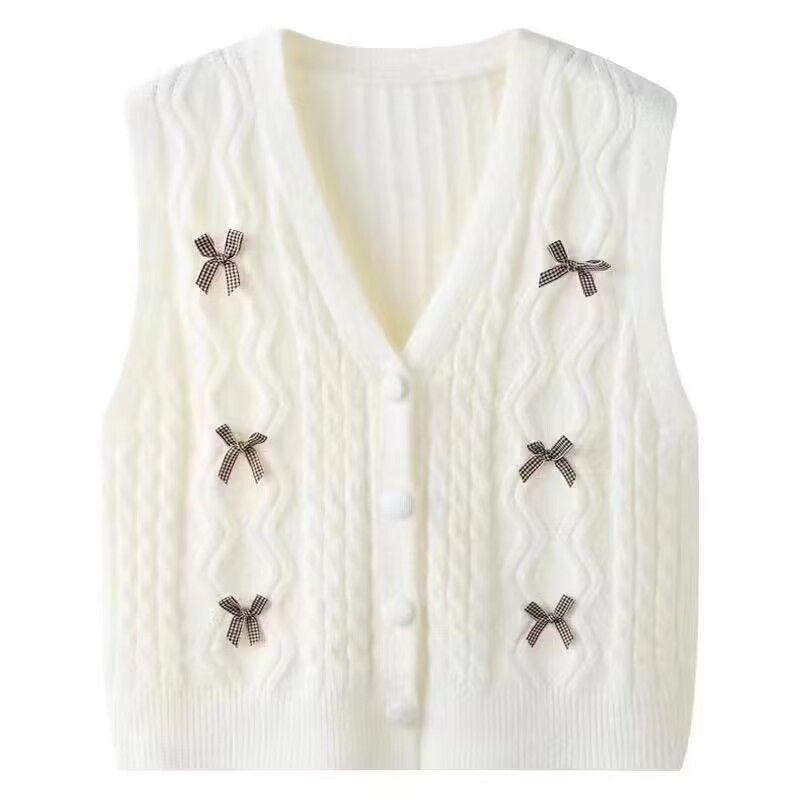 Spring and Autumn Thickened Bow V-neck Knitted Vest Women's Youthful Outerwear Cardigan Top