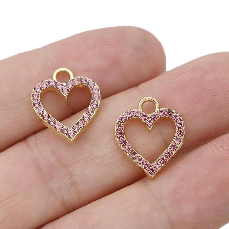 10Pcs Silver Plated Pink Crystal Heart Charm Pendant For Jewelry Making Earrings Bracelet Necklace Accessories Diy Findings