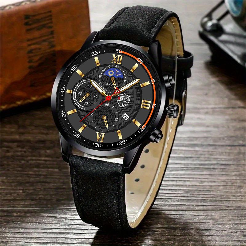 Fashion Men's Casual Calendar Quartz Watch, Sports Analog PU Leather Wrist Watch with Box, Men's Gifts