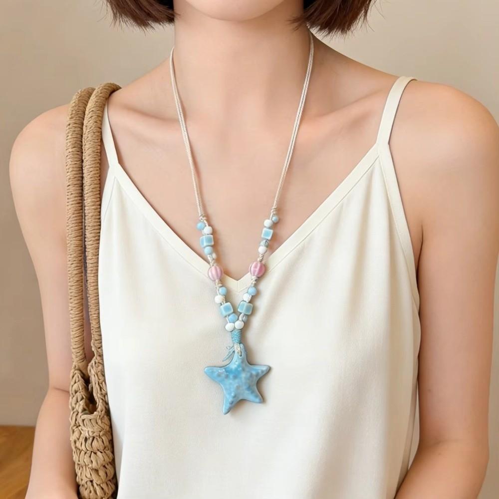 Starfish Beaded Long Chain Necklace Ceramic Women Pendant Rope Necklace Bohemian Accessories