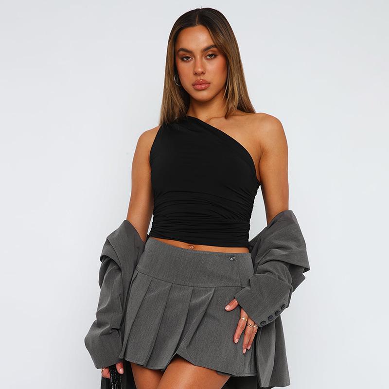 Women's Winter One-Shoulder Backless Ruched Tank Top T-Shirt: Solid Color, European & American Style