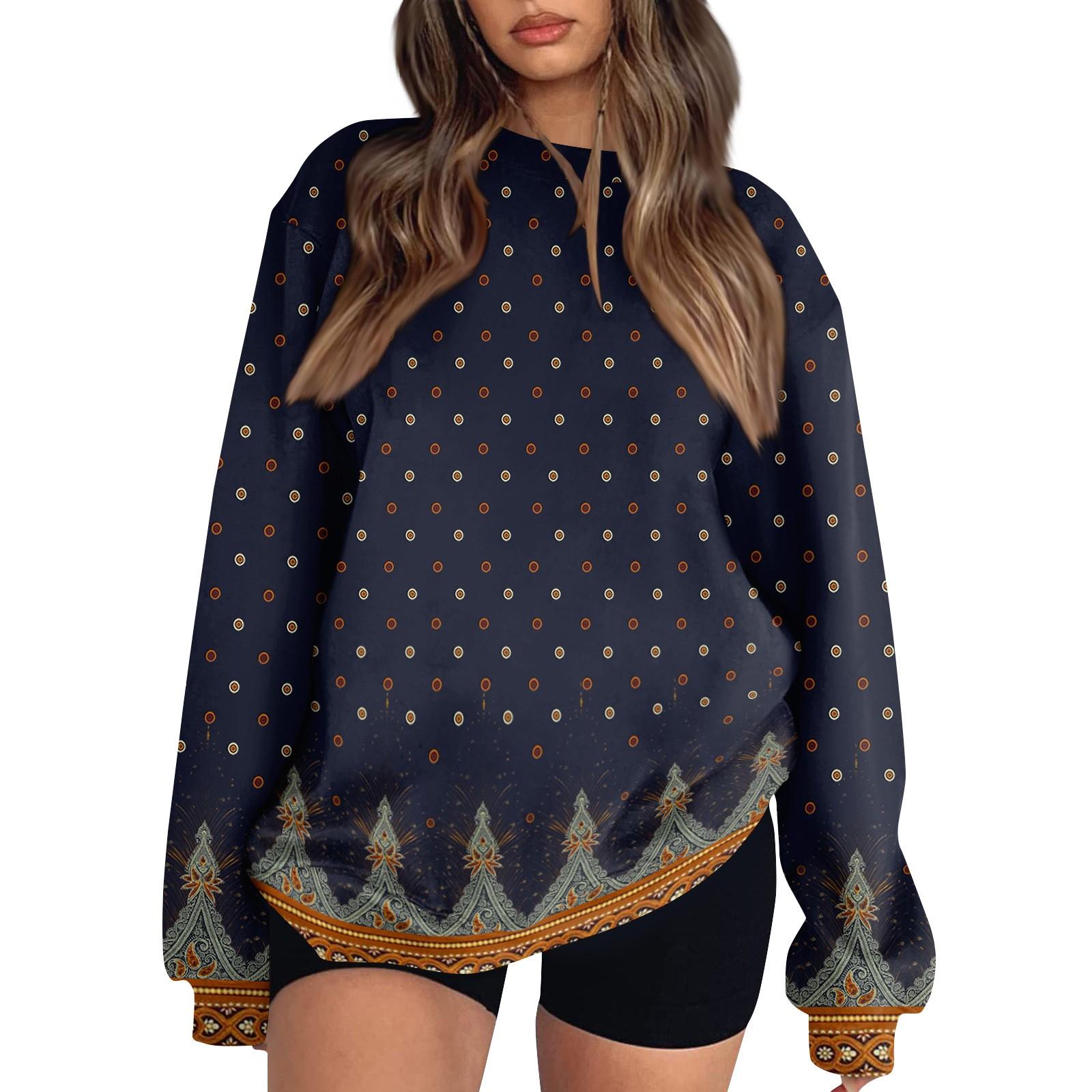 

Женские топы Женский свитшот с длинным рукавом Повседневный с круглым вырезом Свободного кроя Пуловер Флисовые топы XL тёмно-синий