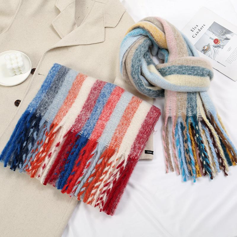 New Colorful Striped Cashmere Scarf Women Winter Warm Scarves Thickened Rainbow Tassel Neck Shawl Versatile Female Muffler