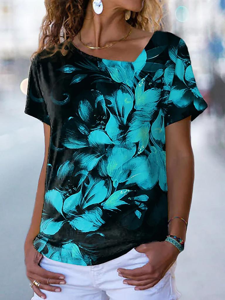Women's Floral Theme Painting T Shirt Rose Floral Print V Neck Basic Tops Short Sleeve T-shirt XS-8XL/3D Printing