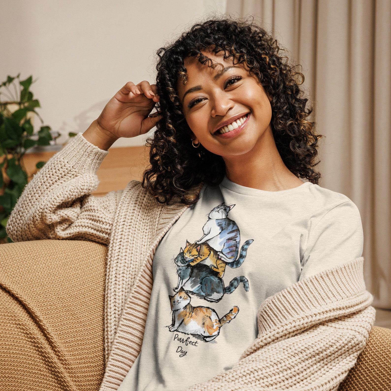 Stacked Cats Graphic Tee - Purrfect Day Relaxed Fit T-Shirt M