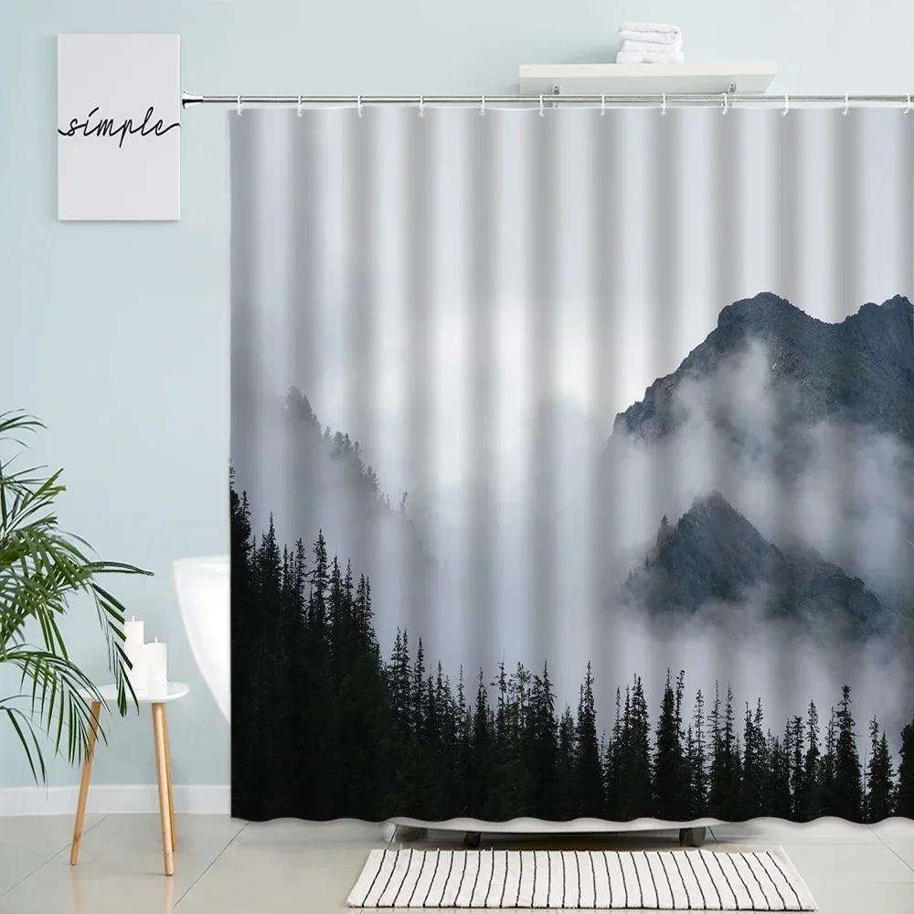 Fog Forest Shower Curtain Mountain Birds Winter Landscape Bath Curtains Modern Rural Nature Scenery Fabric Bathroom Decor Sets