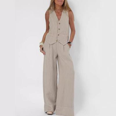 2025 Euro-American Trendy Cotton Linen Patchwork Vest and Wide-Leg Pants Set