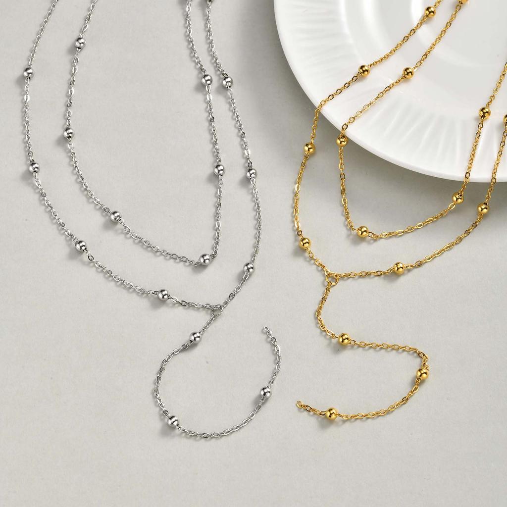 Double Layer Y-shaped Long Chain Drop Pendant Necklace, Gold Plated Stainless Steel Beaded Chain Choker Fashion Jewelry Gifts