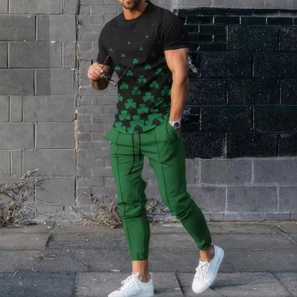Men's Sports Set Jogging Suit Printed Summer Fashion Fun Short Sleeved Men's T Shirt Pants Set