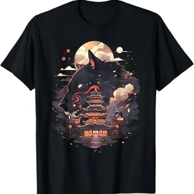 Wolf Pagoda Japanese Style Graphic TShirt Unisexs Breathable Cotton S