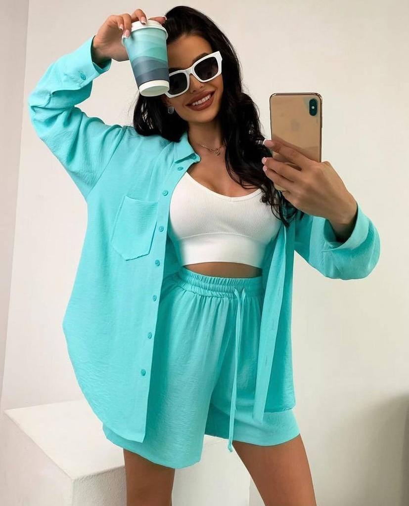 Casual Fashion Solid Color Women's Shirts Puff Sleeves Elegant Tops Shorts Casual Suit