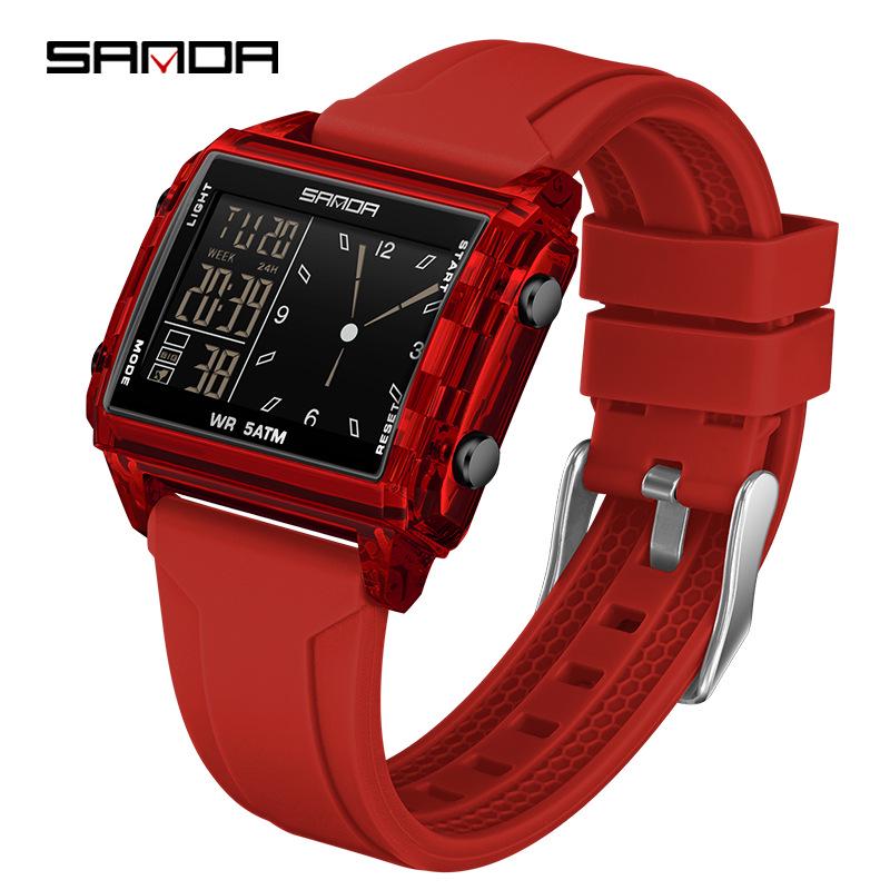 Sanda Waterproof Luminous Sports Watch: Square, Transparent Timer for Students