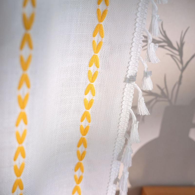 Solid Color Multi-line Finished Curtain for Bedroom Living Room Rural Embroidery Textured Window Curtain 1 Panels Tassel Drapery