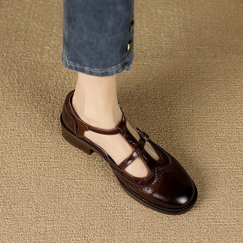 Móda Nové Jaro 2025 Boty Mary Janes z Pravé Kůže Nízký Podpatek Dámské Boty Retro Kulatá Špička Boty pro Ženy Blokové Lodičky retro Dámské Boty