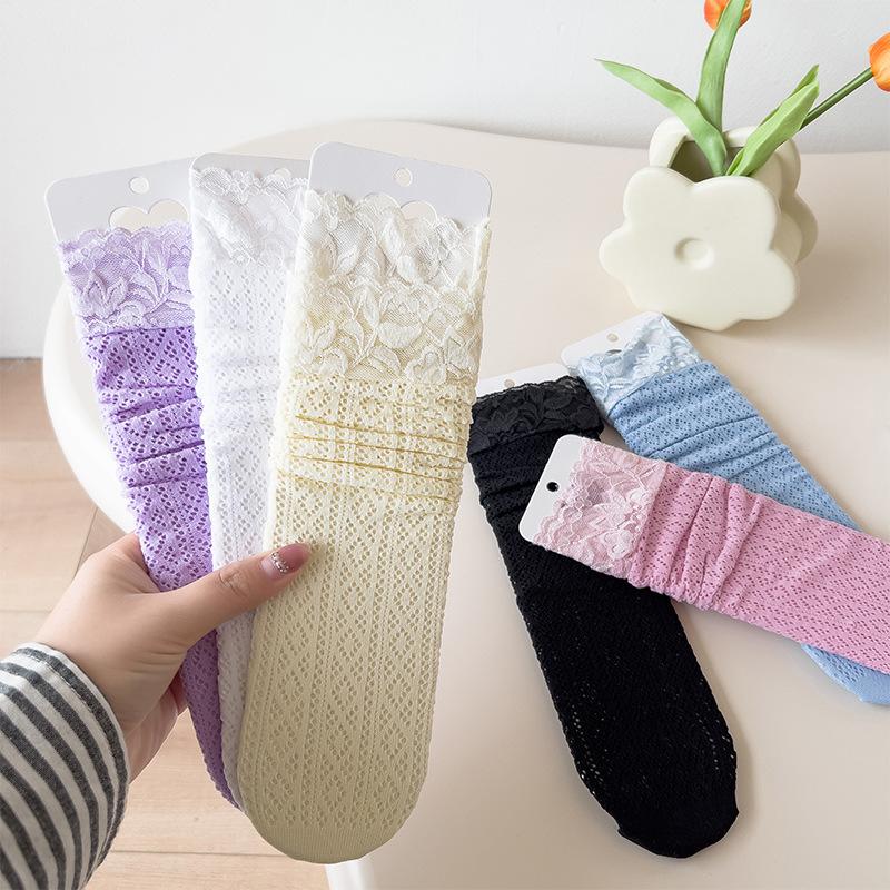 Ladies Spring and Summer Thin Diamond Lace Hollow Tube Socks