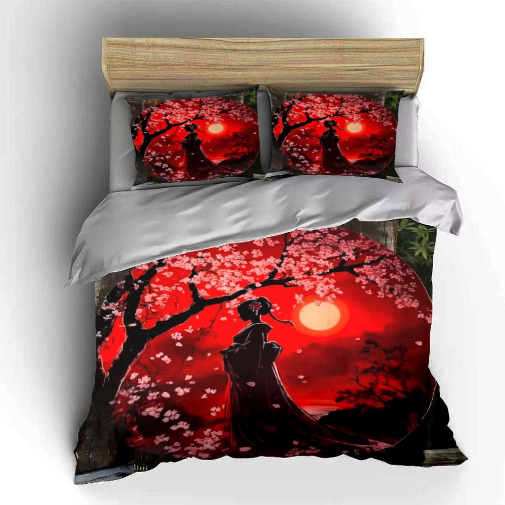 Japanese Style Sakura Sunset Decor Soft Comfortable Duvet Cover Bedding Set Included 1*Duvet Cover & 2*Pillowcases, Gift
