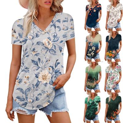 Women's Fashion Casual Short-Sleeved Floral Print T-Shirt Shirt Temperament Shirt V-neck Top