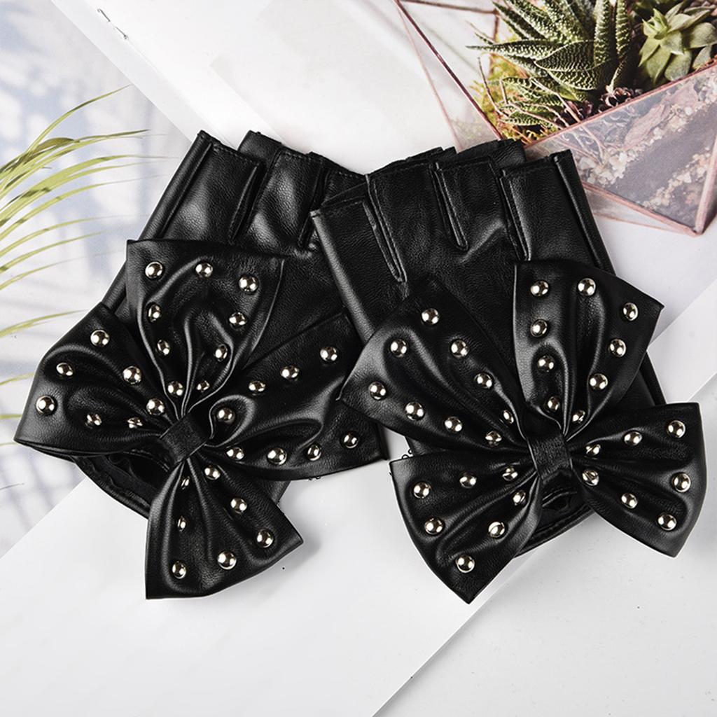 Women Bowknot Rivet Half Finger Gloves PU Leather Gloves For Nightclub Hiphop Dancing Wear And Stage Performances