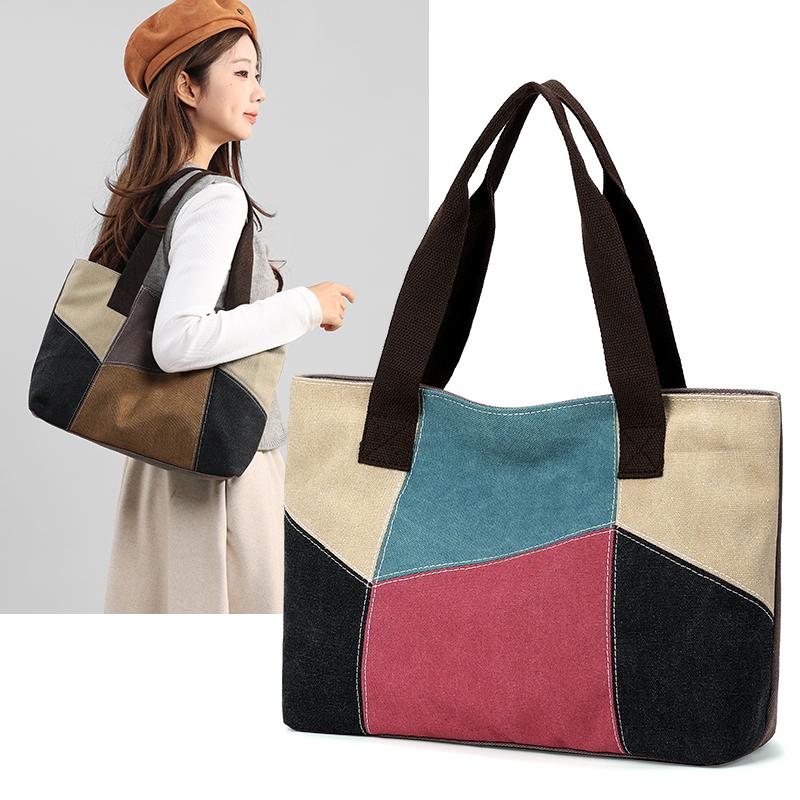 Damen Patchwork Handtasche - Vintage Gespleißte Canvas Tote mit Obergriff & Crossbody-Funktion