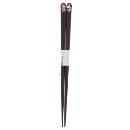 Chopsticks with Gold Base, Red and White Plum Design, Natural Wood, Lacquered Finish, Pointed Tips, 20.5cm
