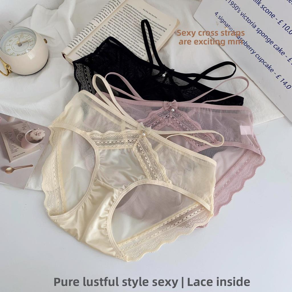 Ladies Spring and Autumn Sexy Lace Cross Strap Breathable Mesh Cotton Crotch Panties