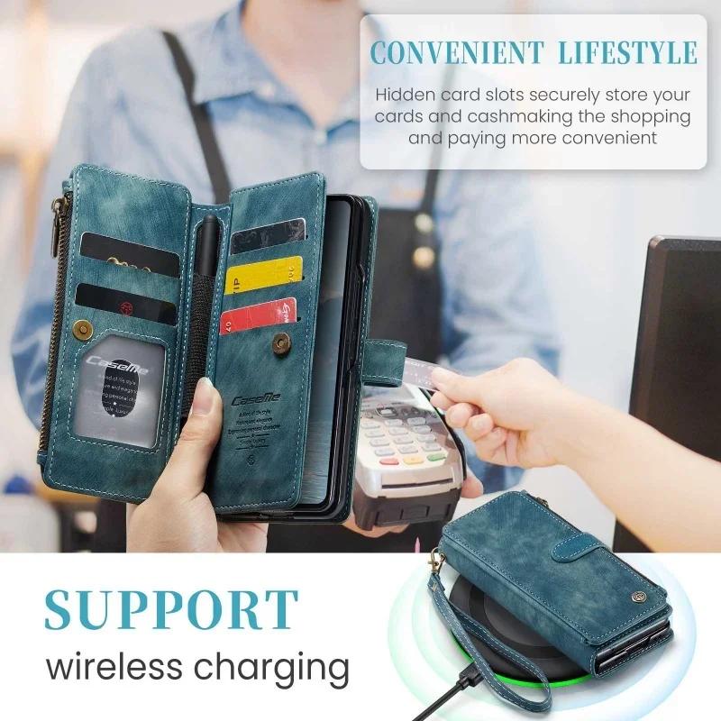 Portafoglio con Zip in Pelle Custodia per Telefono per Samsung Galaxy Z Fold 7 6 5 4 5G Fold7 Fold6 Fold5 Fold4 Portafoglio con Laccetto Scomparto per Carte Custodia