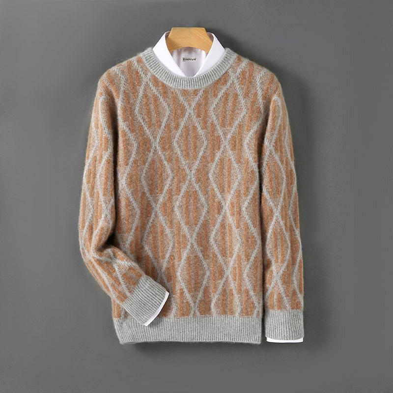 

Men s Wool Round Neck Color Block Jacquard Casual Sweater - Autumn/Winter Collection L