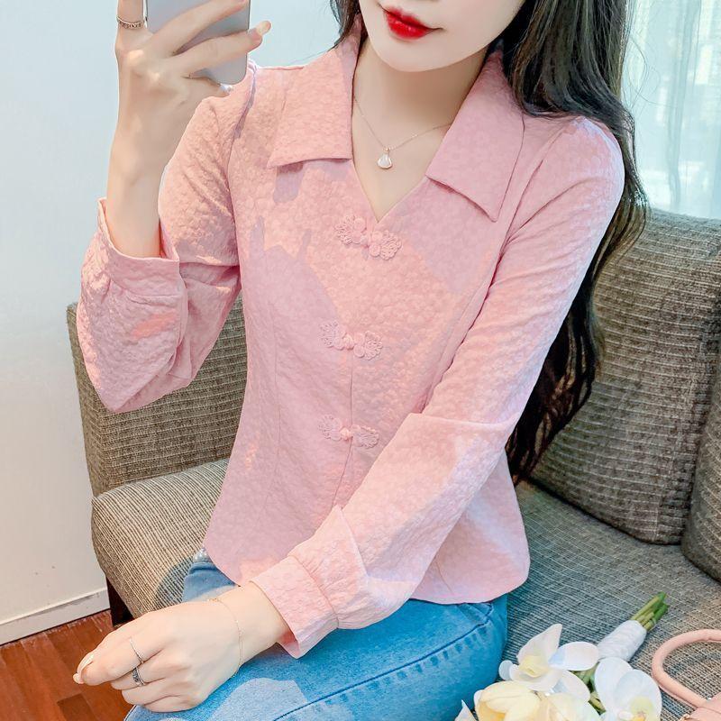 Temperament Slimming New Style Age-reducing Western Style Versatile Retro Buckle Design Chiffon Long-sleeved Top
