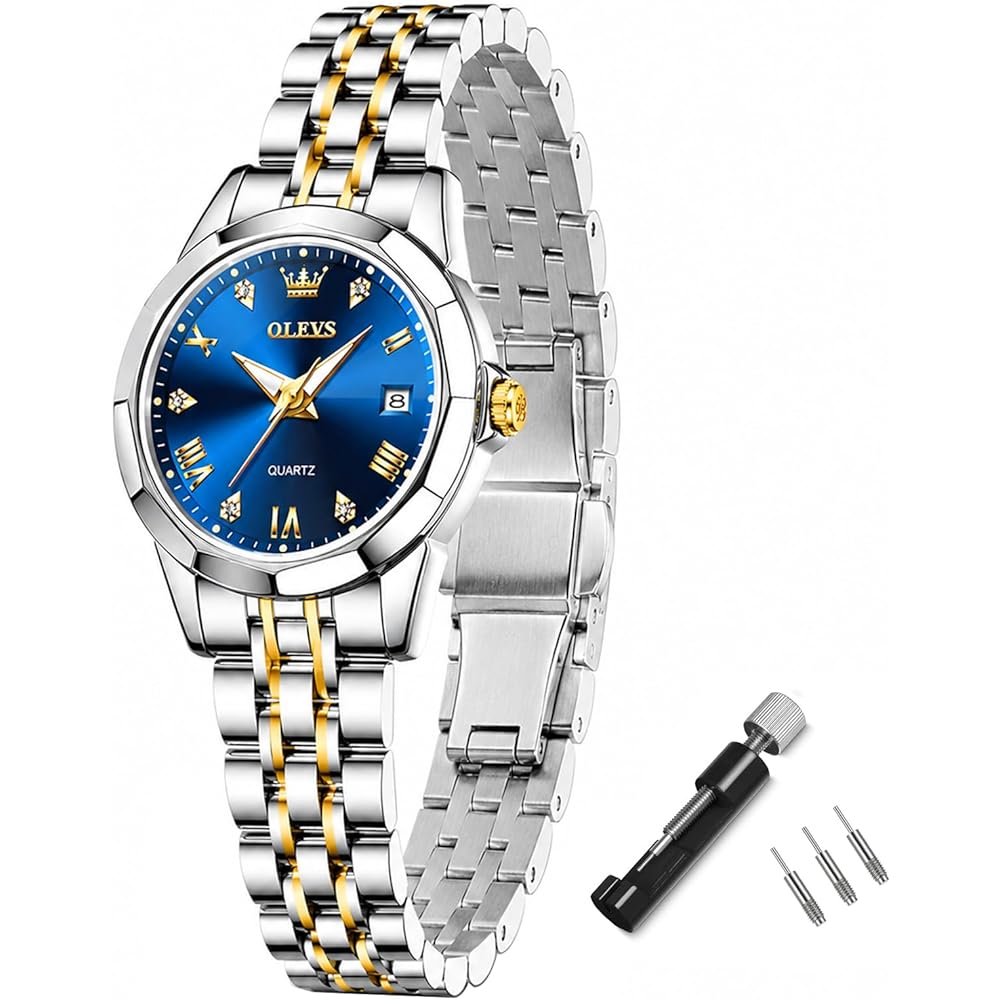 OLEVS Women s Analog Quartz Watch 30M Waterproof Stainless Steel Band Silver Gold Blue Dial