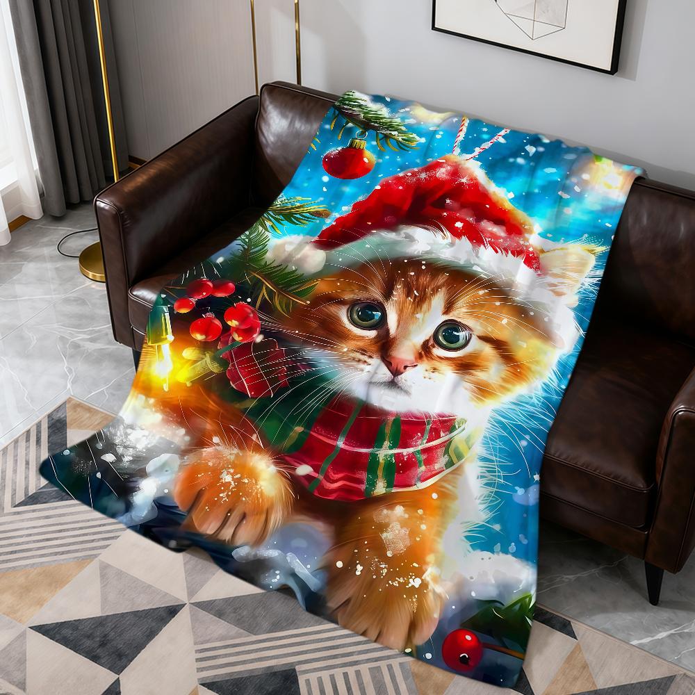 Cute fashion winter Christmas cat art Flannel soft warm plush blanket sofa living room pet hogar bedroom gift home Car portable